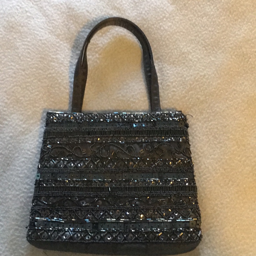 Gray intricately beaded cocktail handbag